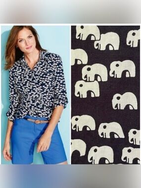 Talbots Navy Elephant Print Blouse